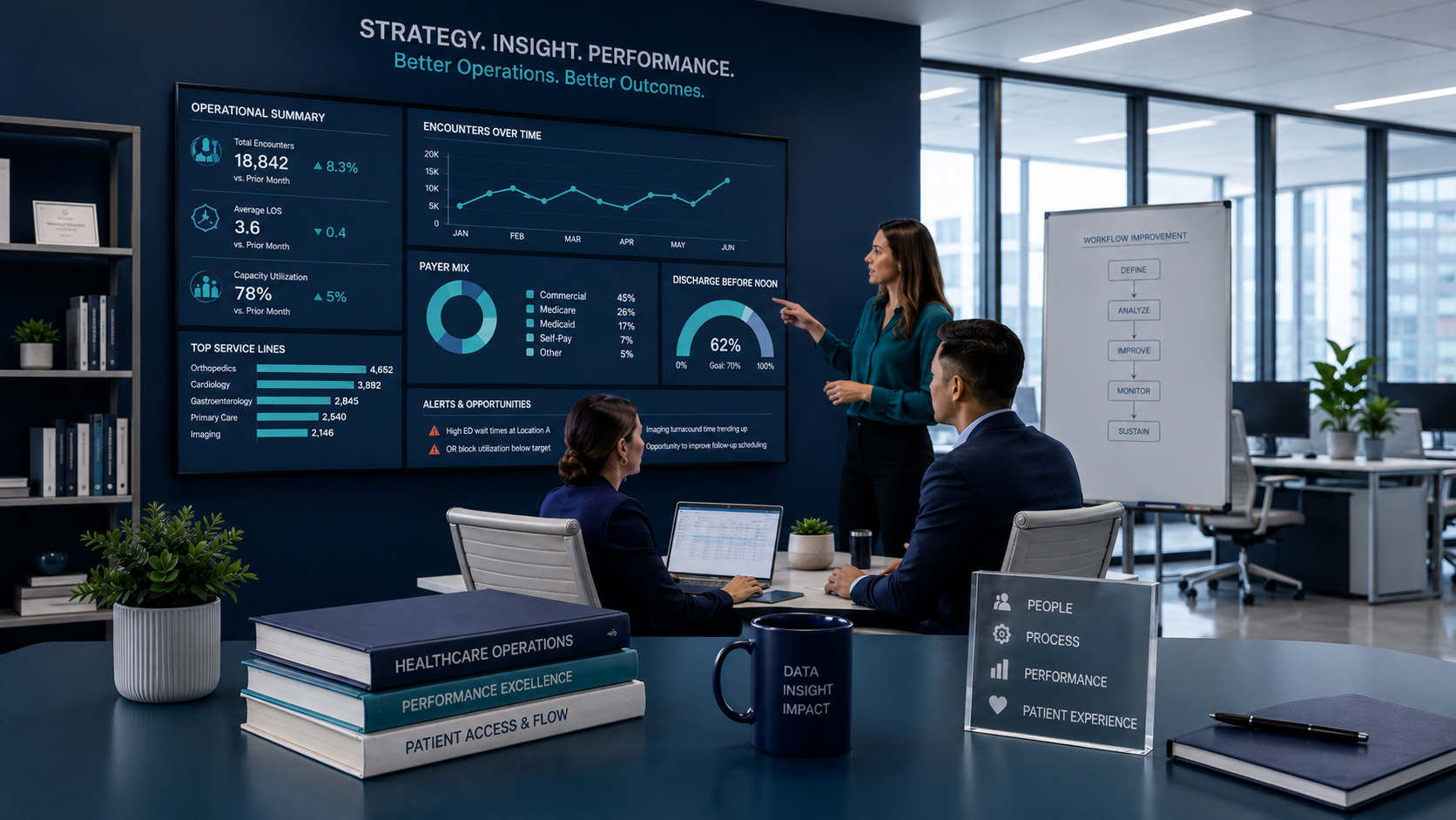 Healthcare operations team reviewing administrative dashboards and performance reporting